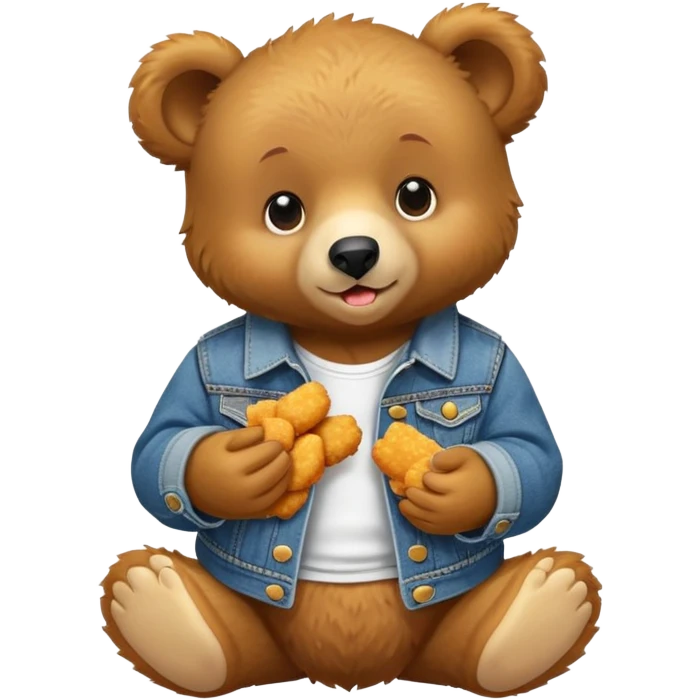 A black bear cub wearing a jeans jacket eating chicken nuggets emoji