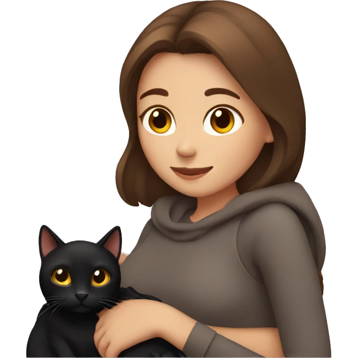 Girl with brown hair hugging a black cat emoji