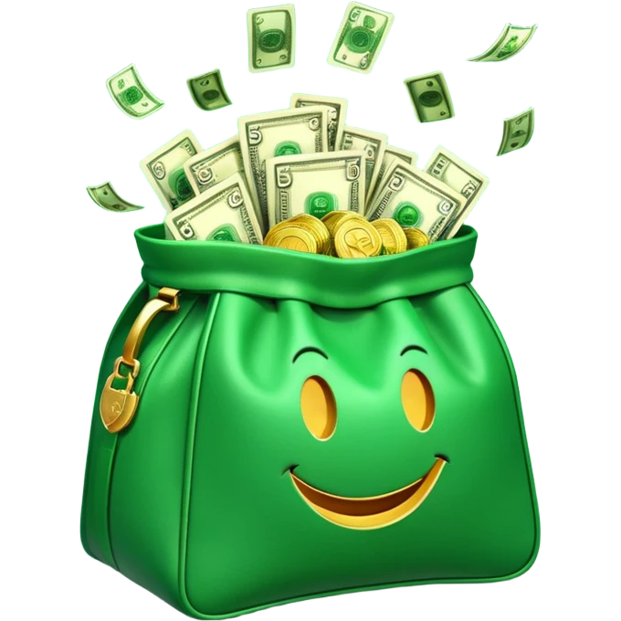 

3D emoji style, big bag of money, flying dollar bills, rich casino vibe, smooth lighting, high detail, clean edges, transparent background



 emoji