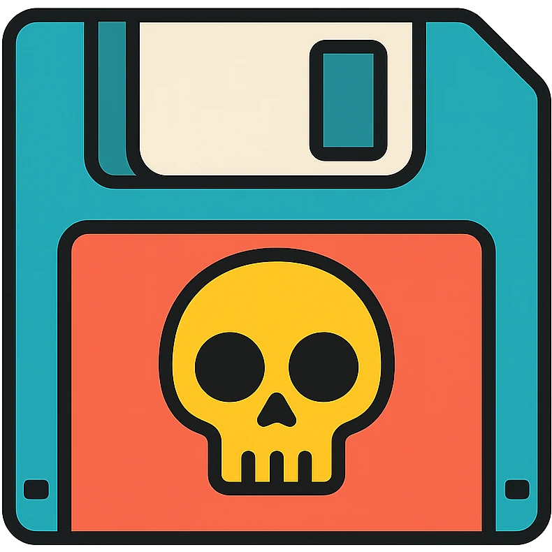 floppy disc with a skull motif, color outline icon emoji