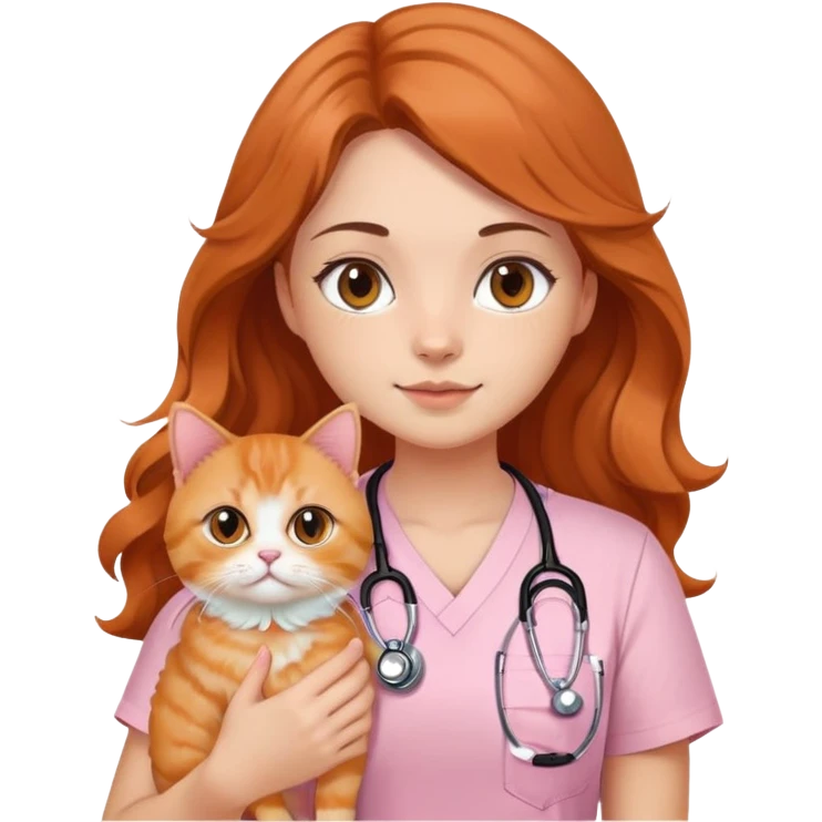 a girl with black eyes and long wavy hair, wearing a soft pink short-sleeved round neck tshirt with a stethoscope on her neck while holding an orange persian cat emoji