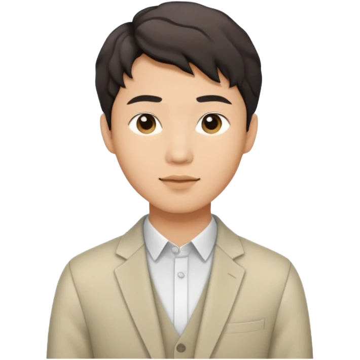 Asian guy wavy short hair, dressed stylishly, looking demure emoji