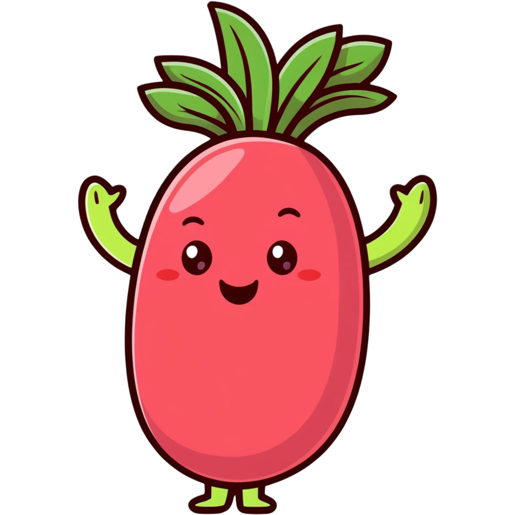 rhubarb with cute eyes and a big grin emoji