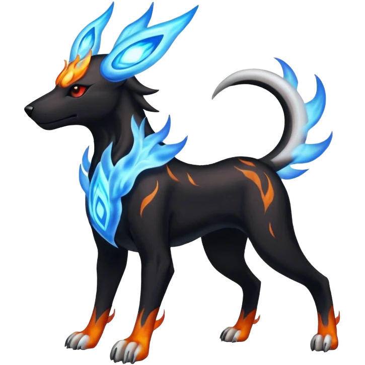 Fiery black and white blue flames solarpunky elemental colorful hot will-o-wispy Houndoom-Torracat-Genesect-Pokémon-Fakémon-hybrid-creature emoji