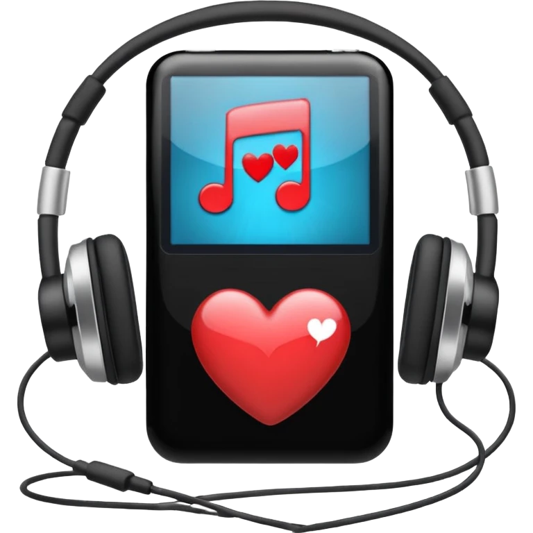 An iPod with headphones, showing a heart icon for favorites emoji