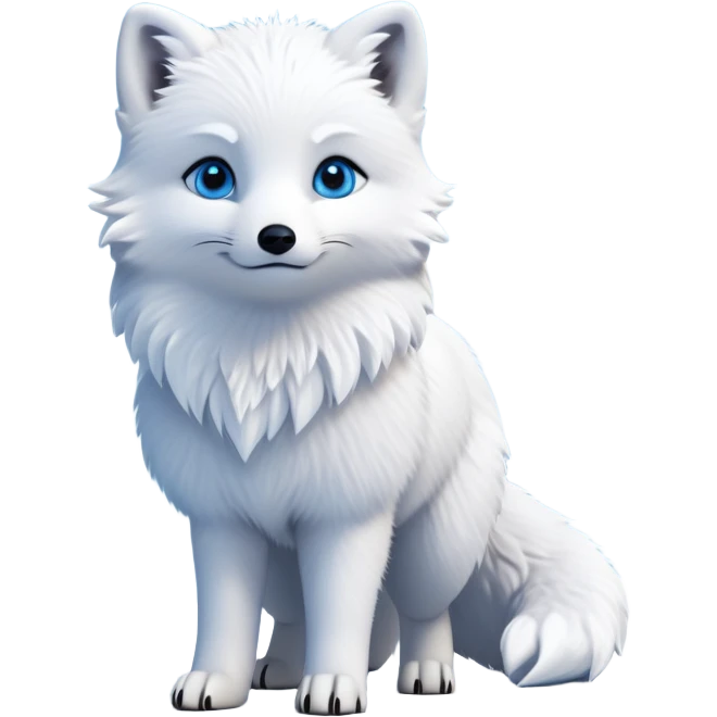 cinematic-arctic-fox-realistic-full-body-standing-emoji,-fluffy-tail-curled-slightly-around-its-paws,-thick-pure-white-fur-blending-into-the-snowy-landscape,-head-tilted-dramatically,-bright-blue-eyes-glistening-with-intelligence,-simplified-yet-realistic-focused-features,-highly-detailed,-glowing-with-an-almost-sarcastic-glow expressive eyes emoji