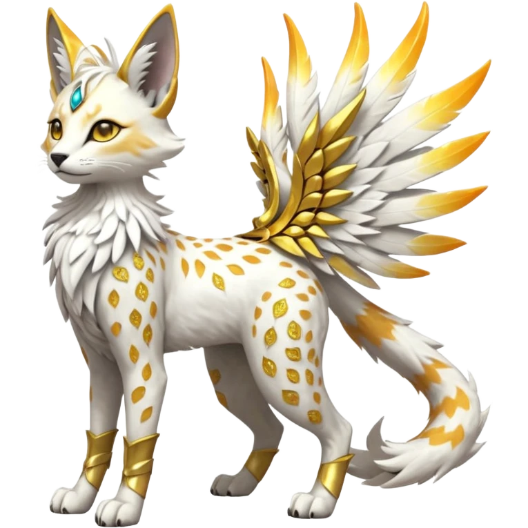 Epic complex fantasy glorious detailed futuristic divine godly angelic feathery sunny, white, albino, pastel, golden, orange glowing sparkly, realistic Fakémon-Sprigatito-Floragato-Meowscarada-Trico-Sergal-Serval-Solgaleo-Vernid-creature (full body) solarpunk, shiny sparkly with a gold laurel emoji