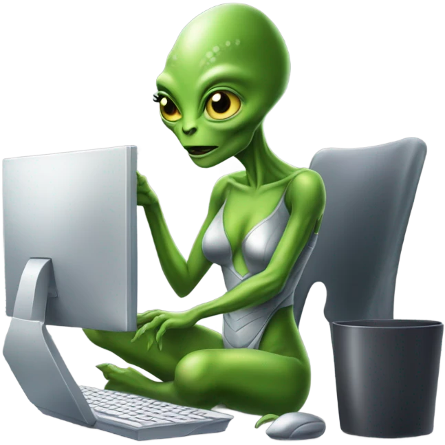 Green Alien reptilian woman in silver dress, working at computer  emoji