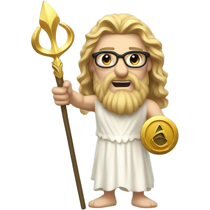 white Poseidon with gold Trident and nerd glasses. long hair white dress. smile . eye wink. point us with index emoji