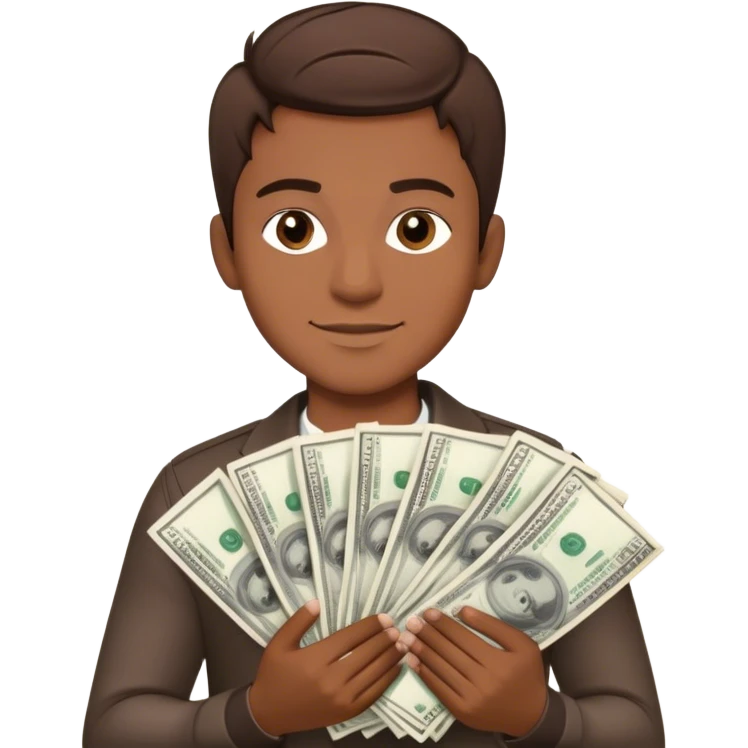 A confident young man with short brown hair, holding two thick stacks of cash in both hands. He has a smirking, successful expression. The money is detailed, with visible bills, and the background is minimalistic yet luxurious. emoji