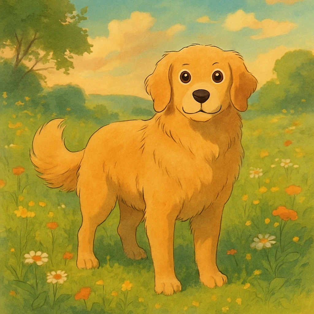 A gentle, loyal dog with expressive eyes and soft fur, standing in a meadow with wildflowers, painted in a whimsical and soft style with warm lighting emoji