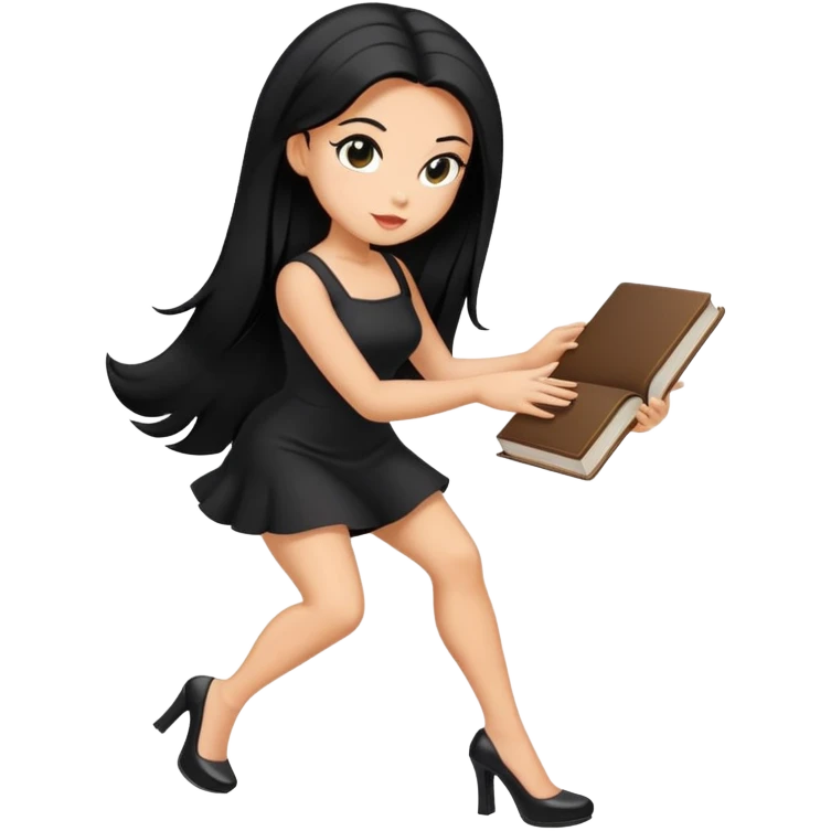 Bimbo in heels, black mini dress, long black hair tanned, hot, bending to pick up book from ground, hot,  only book.  emoji
