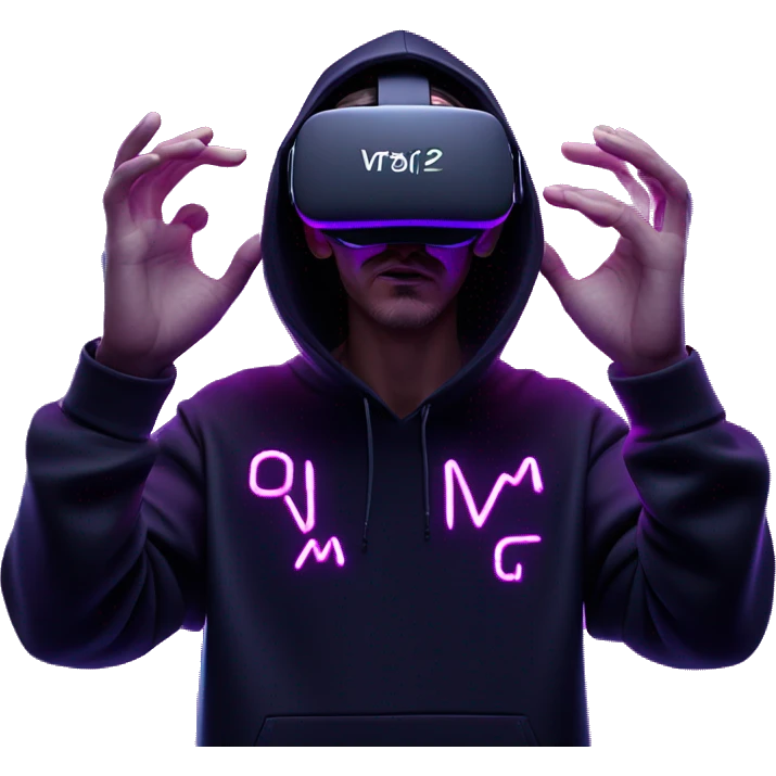 Russian man wearing a black hoodie with "OMG" letters on it and VR headset oculus quest 2 in a cyberpunk VR environment with violet neon lighting. Showing direction with hand emoji