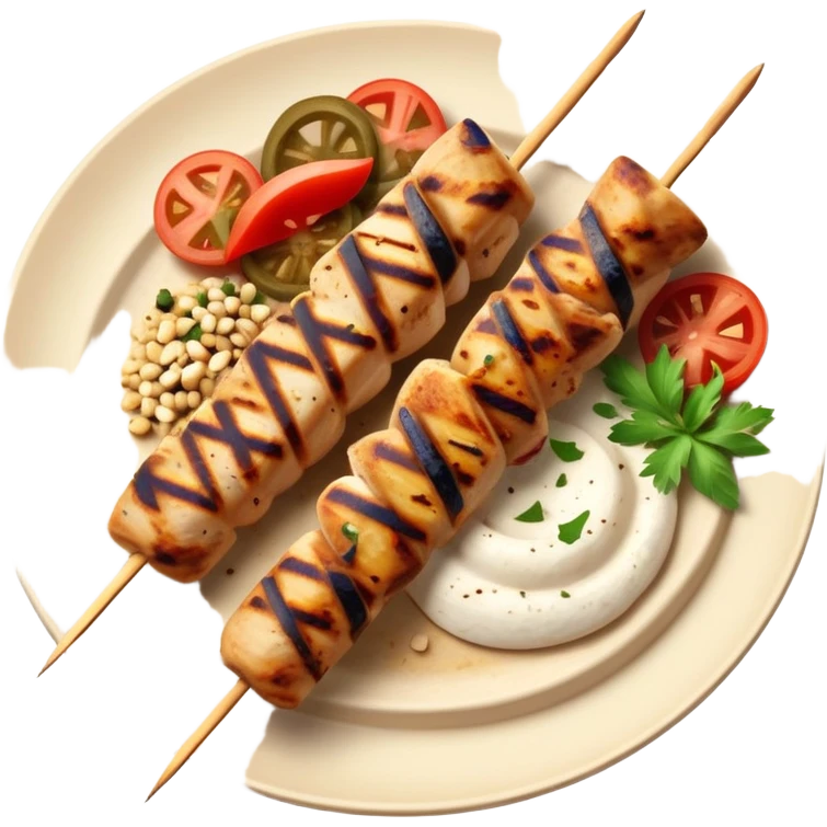 cinematic-realistic-souvlaki-dish-emoji,-showcasing-skewered,-grilled-chicken-with-mediterranean-spices-rendered-with-dynamic-textures-and-warm,-appetizing-lighting on pita bread on a plate emoji