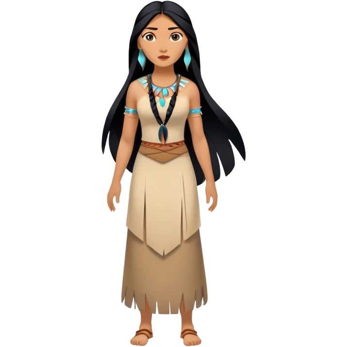 full body Pocahontas with Native American dress, long black hair, minimal style emoji