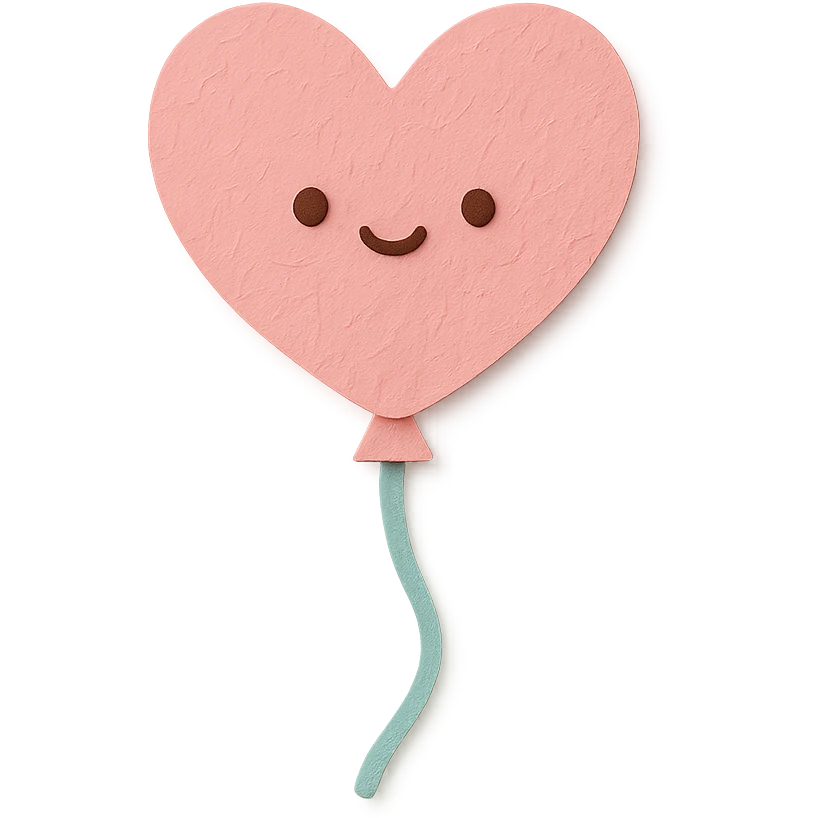 cute pink heart balloon, floating, soft pastel palette, tiny kawaii face, no arms or legs, full body, paper craft style emoji
