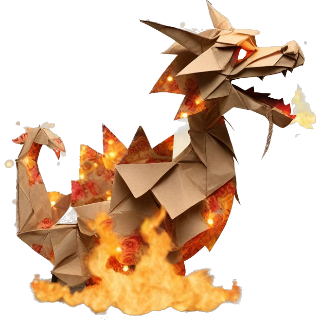 Charred flaming fiery Beige Origami dragon made of newspapers on fire letters on fire burnt paper surrounded by fairy lights swirls covered in dried flowers bokeh floral flowers fire flames emoji