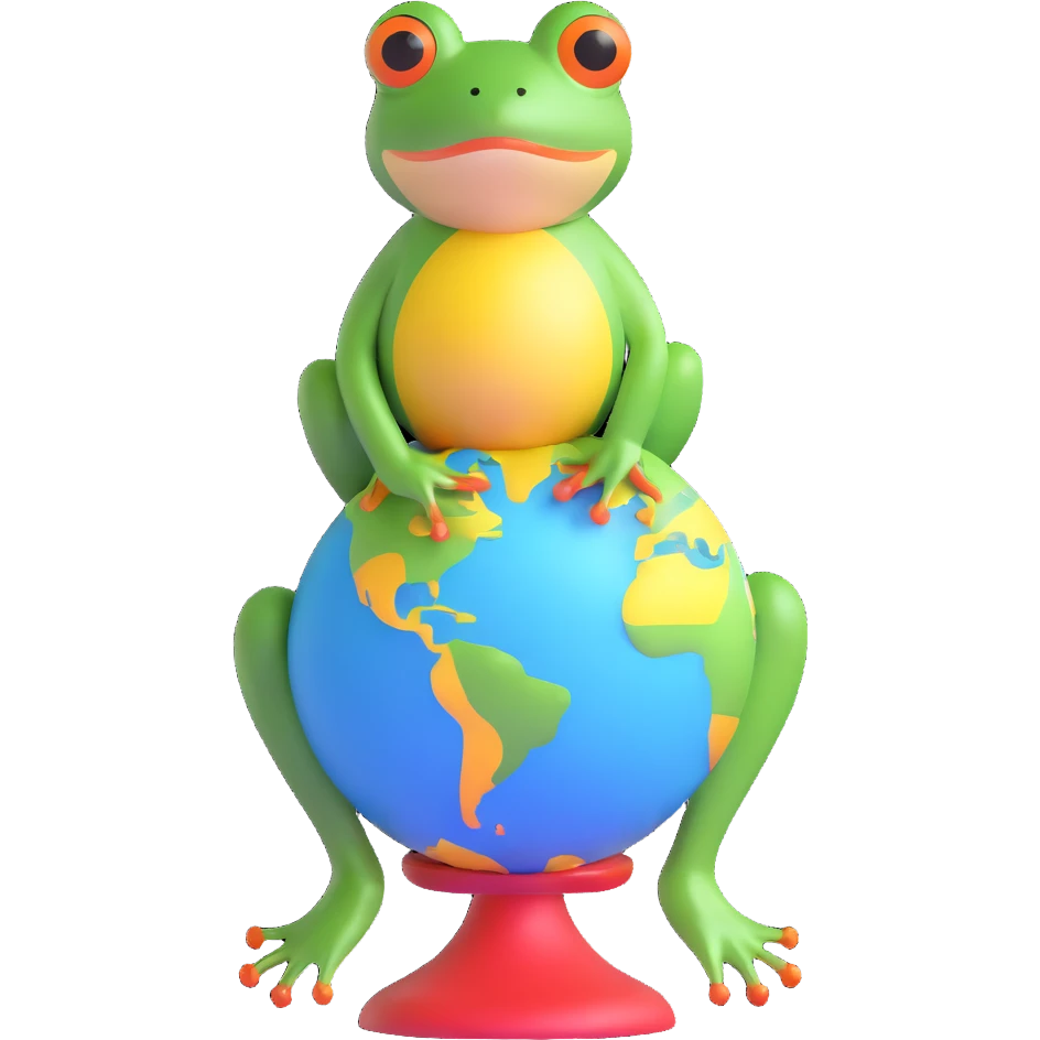 glamorous frog in a choker, standing on a globe emoji