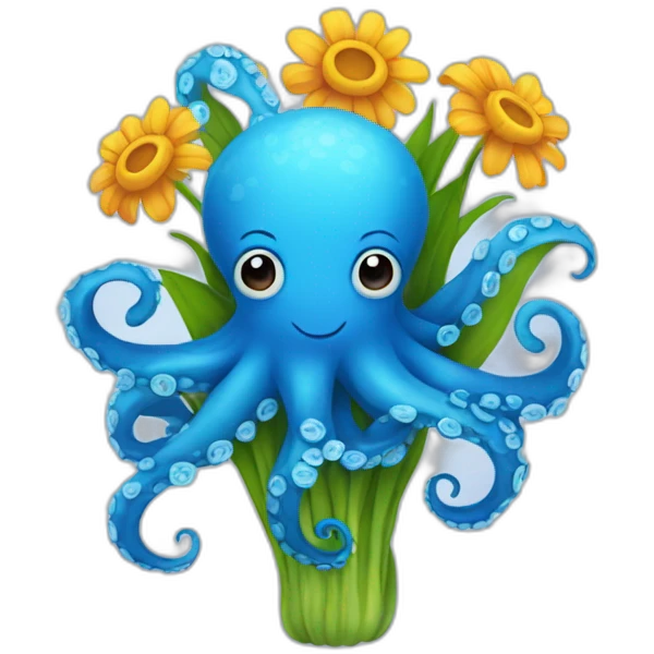 blue octopus, hold a bouquet of flowers emoji