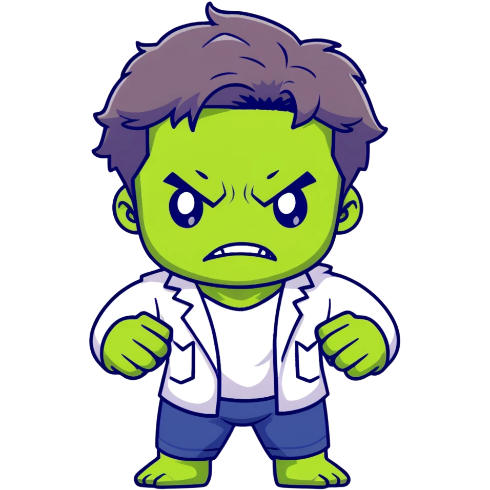 Chibi Bruce Banner transforming into Hulk, showing stages of transformation from nerdy scientist to green monster, cute big head style, adorable expression changing from worried to angry emoji