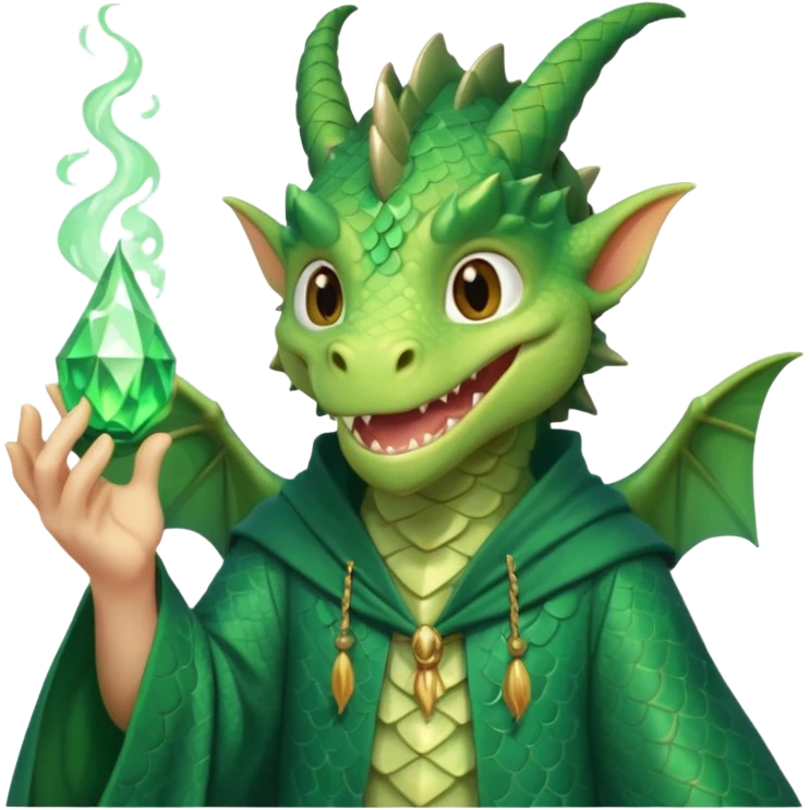 A dragon wearing wizard robes, casting a spell with a curious grin, portrait, bust up emoji