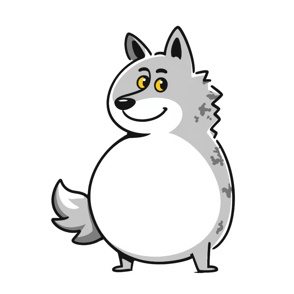 Wolf with enormous pregnant belly, gray fur, yellow eyes, standing sideways to show the large belly emoji