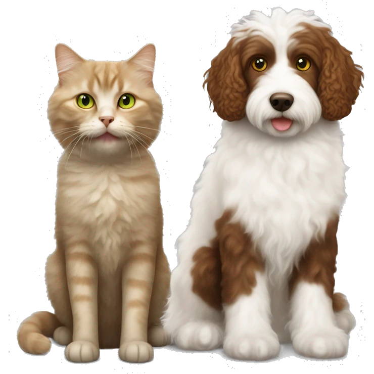 A fluffy cream-and-white cat with yellow-green eyes next to a curly brown Labradoodle emoji