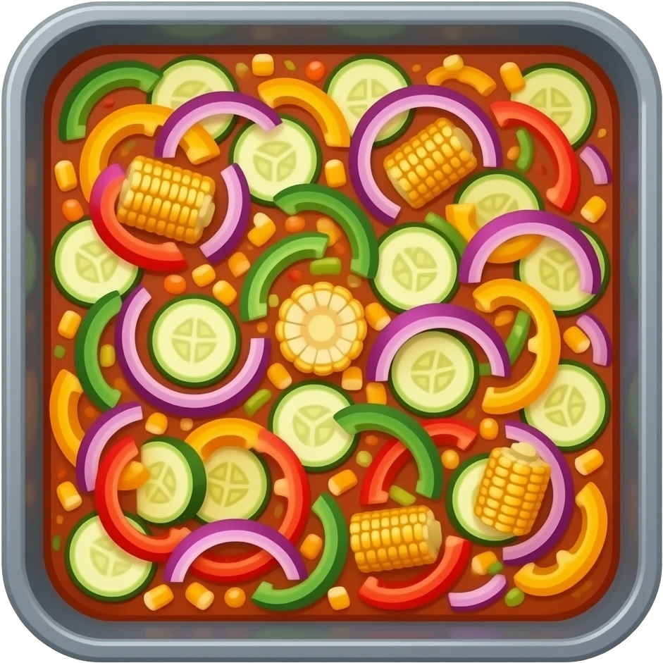 I want an emoji that represents oven dishes, healthy meals cooked in a baking tray, for example fajita vegetables (paprika etc), not view from above but sideways, a little bit more elegant please and the baking tray flat and squared please without dough emoji