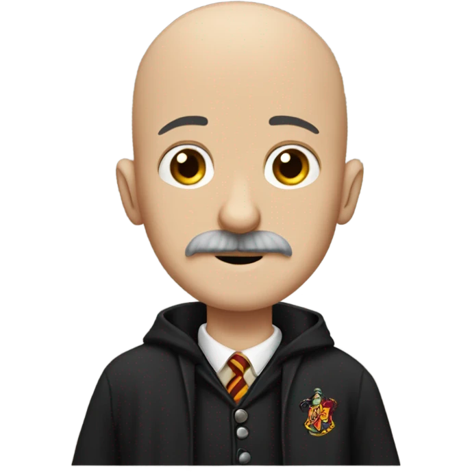 Skinny bald man with a mustache dressed in Harry Potter get up emoji