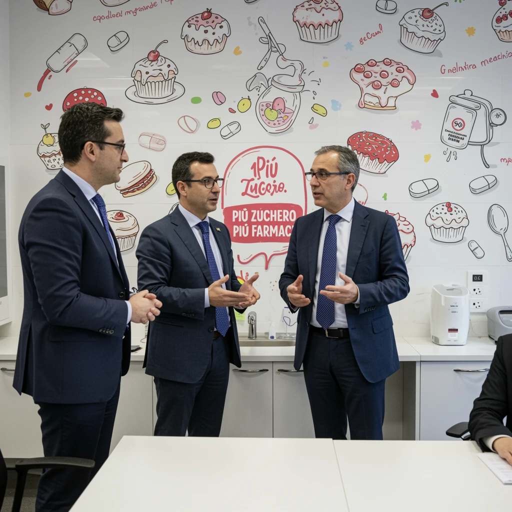 Riunione aziendale in una casa farmaceutica: manager discutono davanti a una lavagna con disegni di dolci e pillole, slogan in italiano “Più zucchero, più farmaci”, atmosfera di cinismo, stile fotografico, qualità 4K. emoji