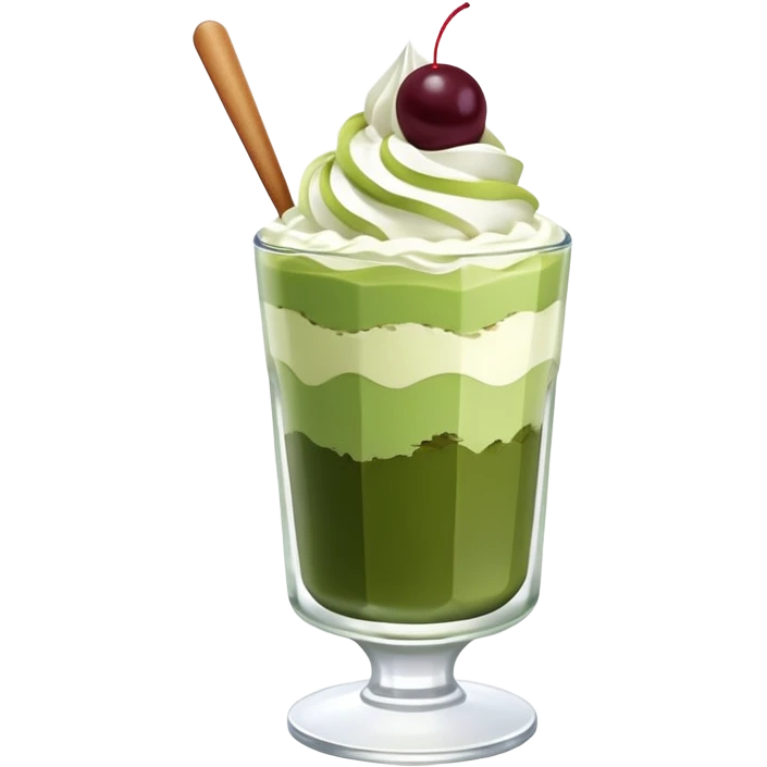 Japanese matcha parfait in a glass, with layers of green tea ice cream, and whipped cream emoji