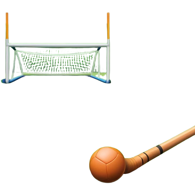 A field hockey stick and ball on a vibrant green grass field, with goalposts and clear field markings in the background. The scene emphasizes the bright, lush grass, highlighting the fast-paced and strategic nature of hockey on a well-maintained pitch. emoji