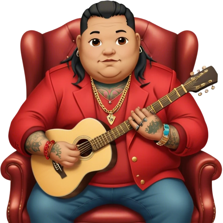 Icon for Chanson: Old fat chanson singer with tattoos, red jacket, gold chains and braslettes, sitting on a chair with an acoustic guitar. The atmosphere should reflect a nostalgic, soulful vibe with vintage elements. Transparent background. emoji