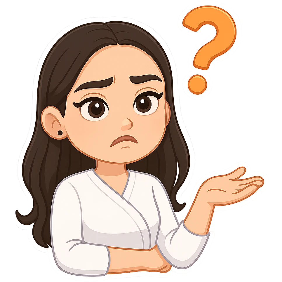 Create a chibi sticker of the girl from the reference image with long hair as shown. She has a questioning expression and gesture like 'what the heck?', in 3D bitmoji chibi style with a white outline and transparent background. emoji
