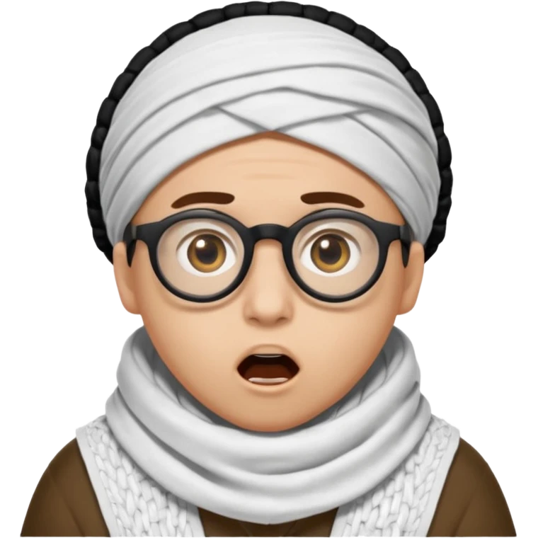 A person with light skin tone, wearing a traditional white shemagh with a BALCK AGAL, large brown eyes, round glasses, and an open mouth showing a surprised or shocked expression. emoji