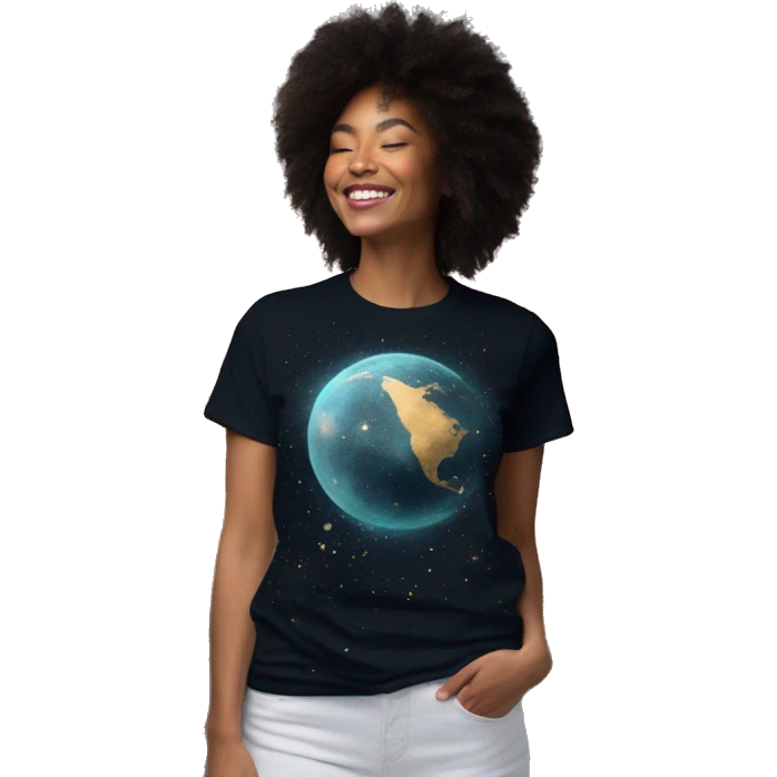 Person wearing T shirt with vintage gilded earth on t shirt with nebulas galaxies and constellations t shirt emoji