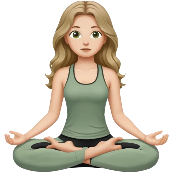 White girl, with long wavy dark blonde hair and hazel eyes, meditating wearing sage green top and black leggings emoji