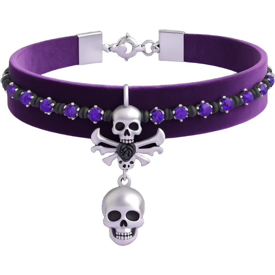 gothic bracelet with deep amethyst velvet band, silver skull charm, black rose accent, rich and gothic, matching the choker and earrings emoji