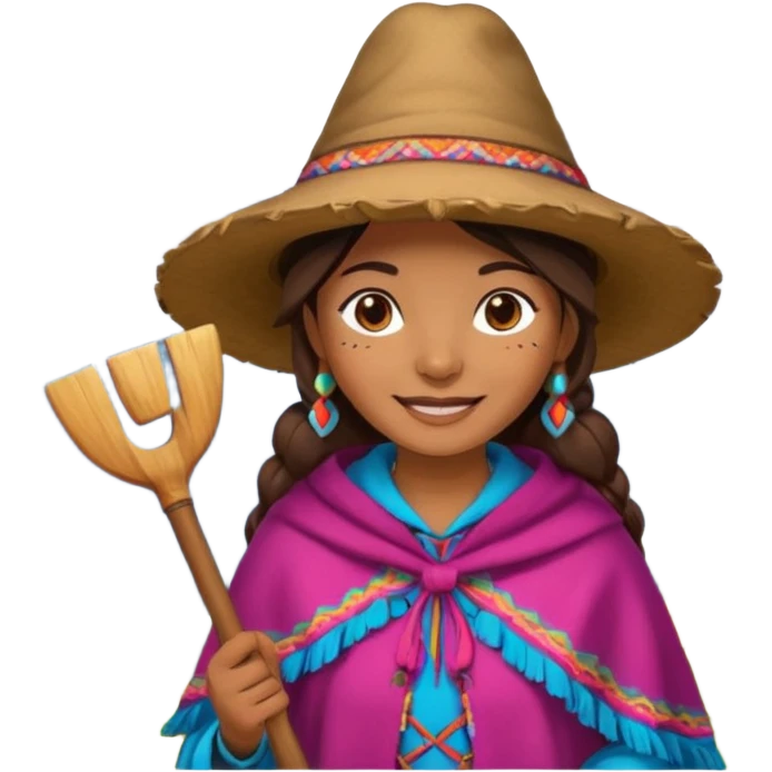 3D emoji style illustration of a Peruvian Andean farmer (woman), wearing traditional chullo hat and poncho, holding a hoe, smiling, mountains in background, bright natural colors, bold outlines, glossy sticker style, transparent background emoji