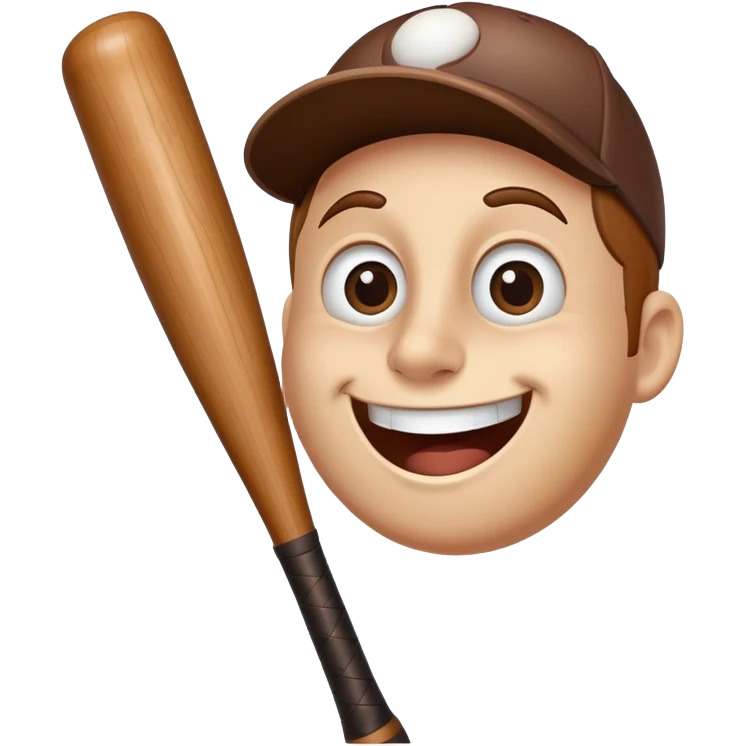 A wooden baseball bat with a friendly face including eyes, nose and smiling mouth emoji