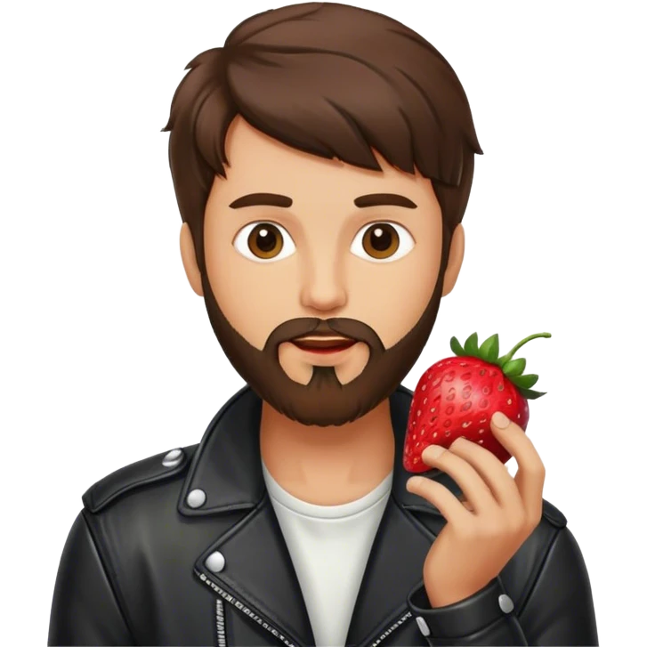 dressed with a black leather jacket, a brunette guy with a beard and toupee eating a strawberry emoji