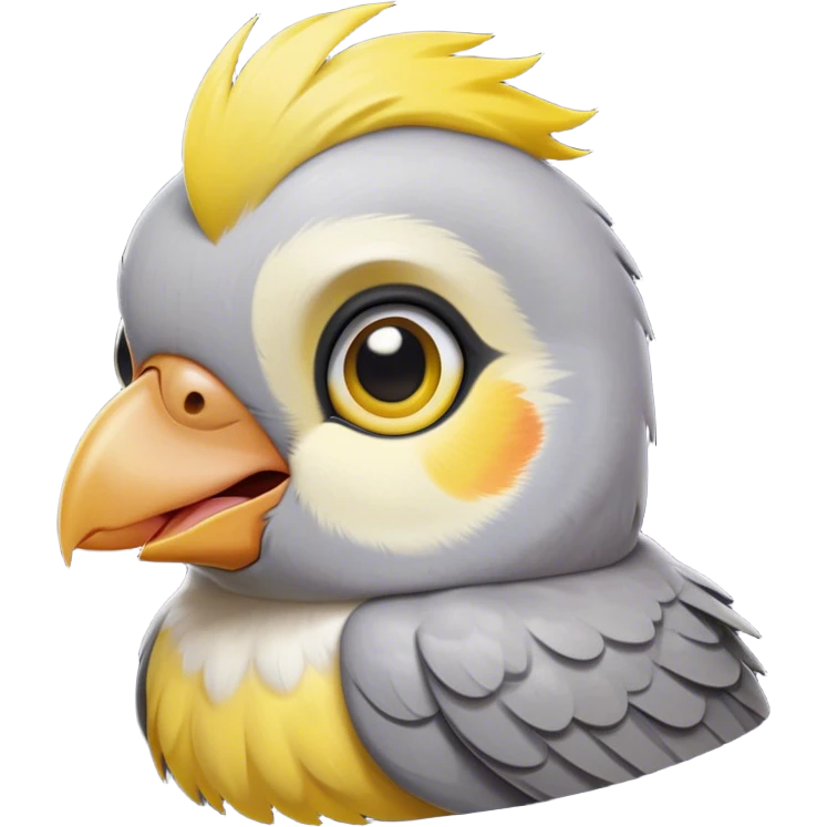 Cinematic Cute Cockatiel Portrait Emoji, Head tilted playfully and inquisitively, featuring a smooth grey fur with bright yellow accents and a perky crest, round, sparkling dark eyes filled with curiosity, Simplified yet irresistibly adorable features, highly detailed, glowing with a warm, friendly glow, high shine, affectionate and lively, stylized with a touch of whimsy, bright and endearing, soft glowing outline, capturing the essence of a mischievous yet loving cockatiel, so playful it feels like it could chirp out of the screen and into your arms! emoji