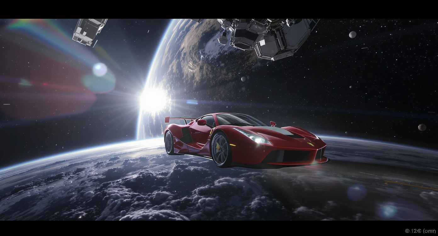Cinematic still of a ferrari f40 floating in space, shot by space camera connect to spaceship, sun flare, big earth in background, captured by gopro emoji