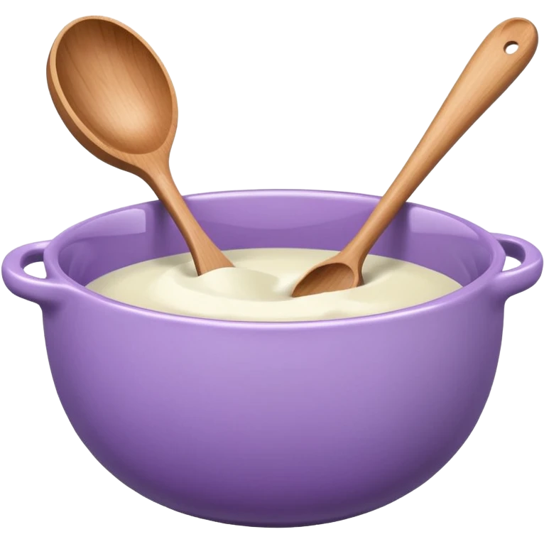 a lilac ceramic mixing bowl with a wooden spoon stirring emoji