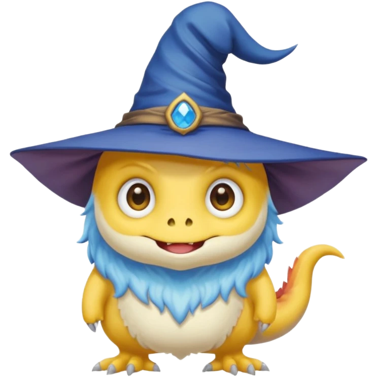 cute monster with white body, yellow tail, wearing blue sky witch hat. the face facing the front towards the 4th wall emoji