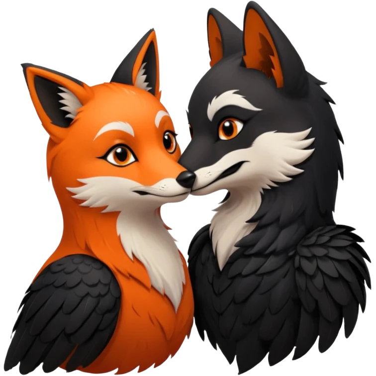 A female crow and a male fox kissing each other. emoji