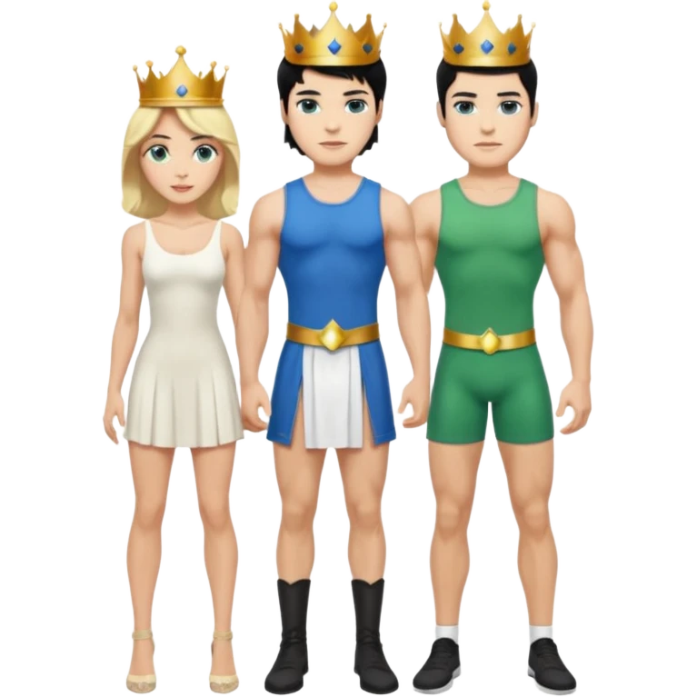Prince with crown, black hair, body, legst, blue eyes, woman blonde hair, green eyes, sexy white short sleveless dress,  emoji