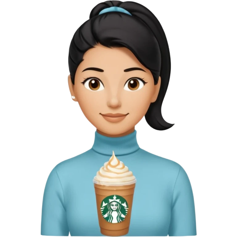  tan skin woman with long face, and very short black hair slicked back ponytail with forehead showing, wearing solid light blue turtleneck shirt, drinking starbucks caramel frappuccino, smiling with middle parted hair emoji