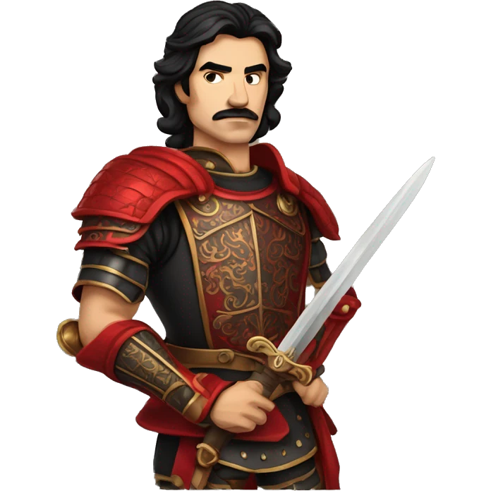 Vintage Tanned man with black hair and stern face wearing red and black armour holding sword vintage intricate patterns emoji