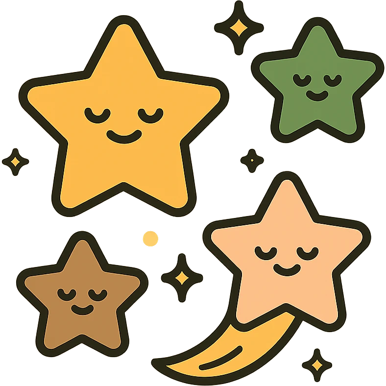 A  collection of cute, glowing stars floating gently in a soft, dreamy sky. The stars vary in size and are designed in a warm and whimsical color palette: golden orange (FA9B41), deep forest green (4A7C5C), muted taupe brown (96775A), and pastel peach (FFCC9A). Each star has a soft, rounded shape with tiny smiles or sparkles on their surfaces, giving them a friendly, magical look. Some are twinkling, while others leave gentle trails of light in peach and gold. The background is softly lit, creating a cozy, enchanted atmosphere like a bedtime story illustration. emoji